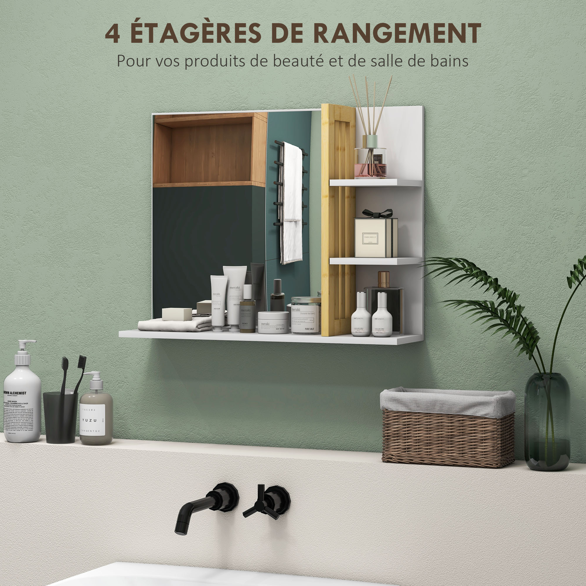 Miroir mural salle de bain - étagères - bambou verni MDF blanc