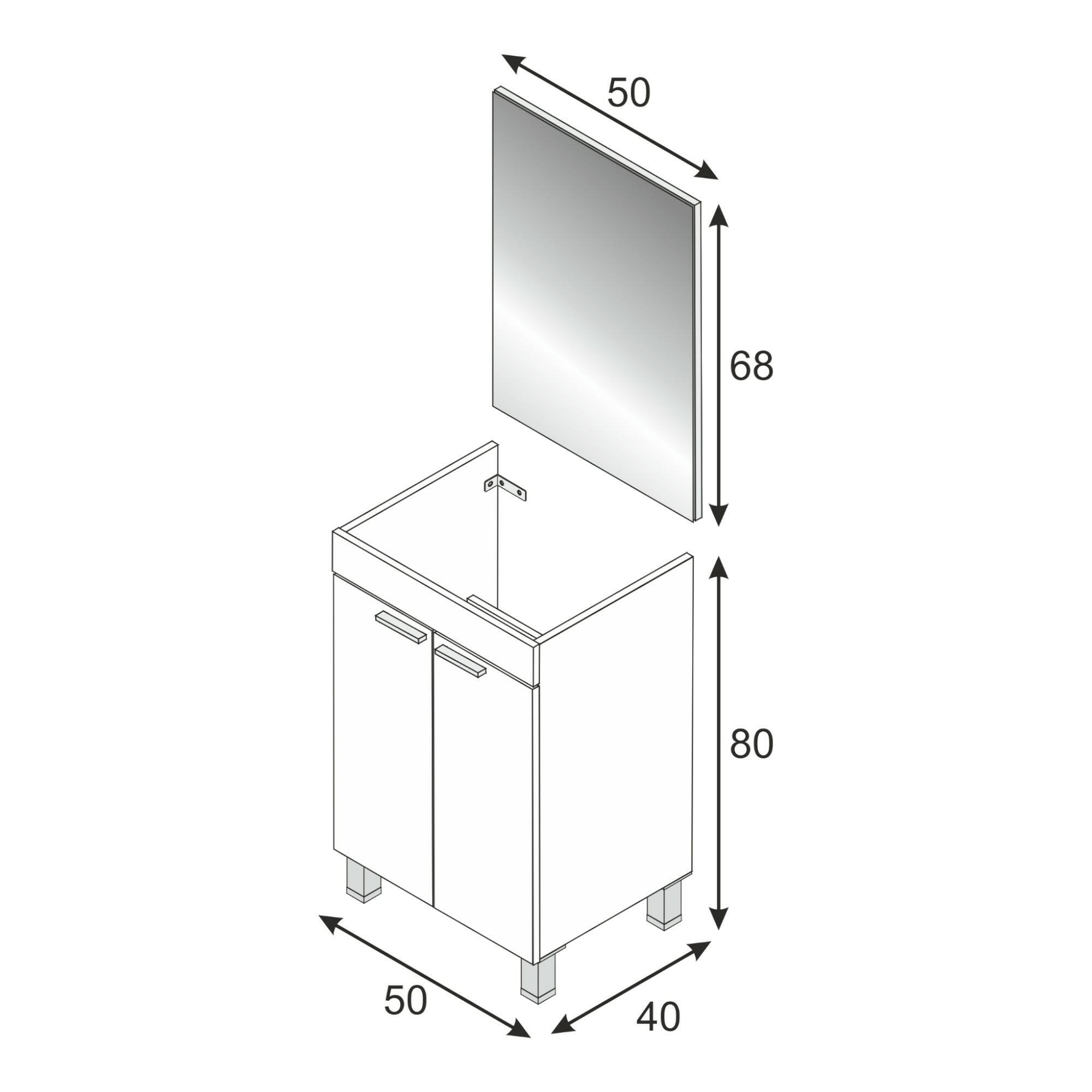 Mobile sottolavabo Naperville, Mobiletto per bagno, Armadio a 2 ante con specchio, lavabo non incluso, cm 50x40h80, Rovere