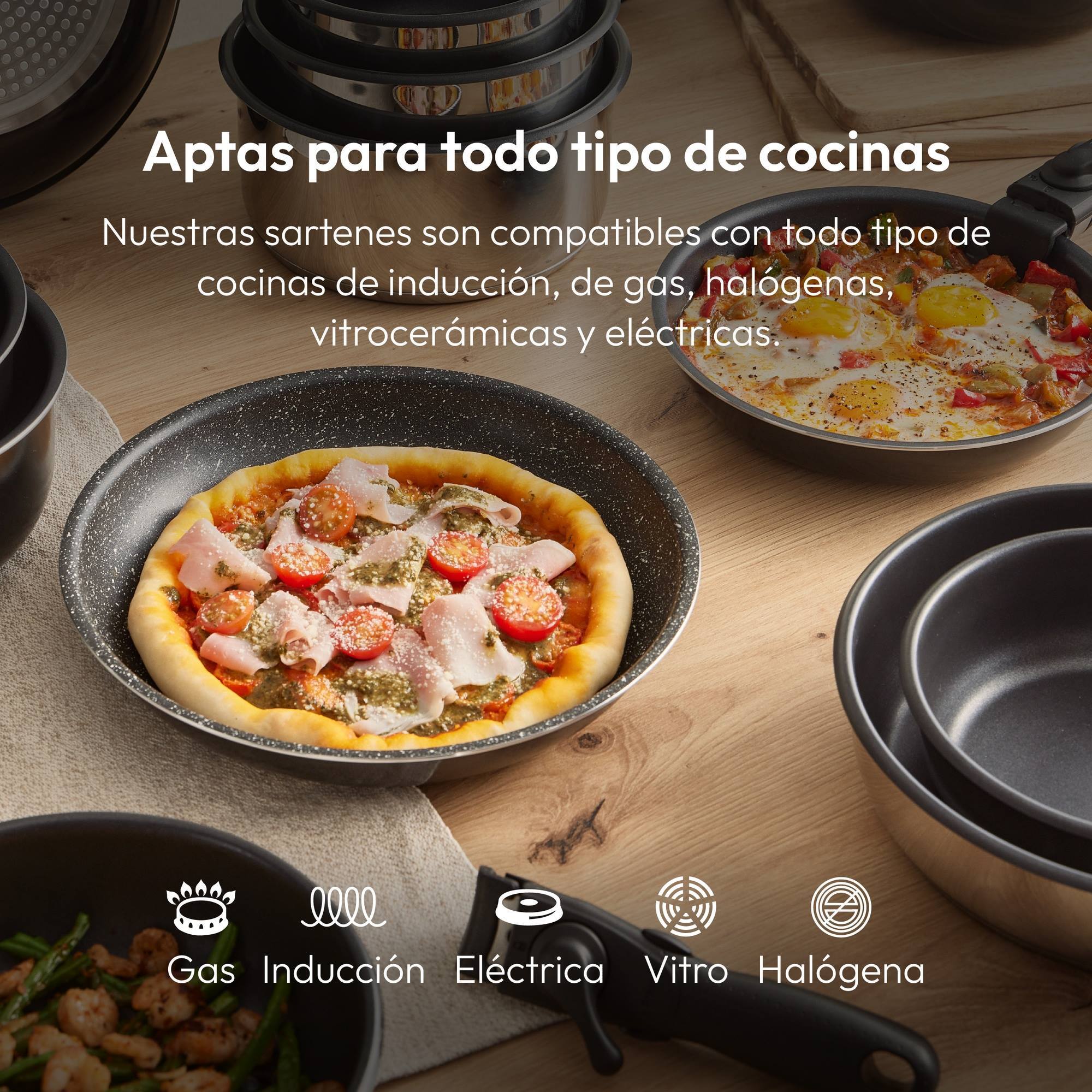 juego de 3 sartenes ø18ø20ø24cm acero inoxidable + mango extraíble negro