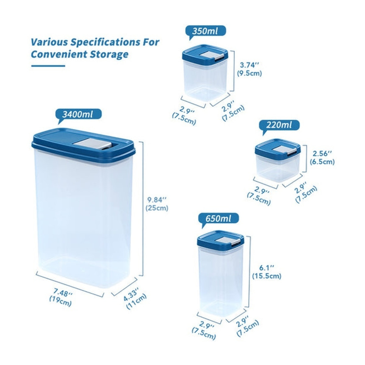 Juego de 6 recipientes herméticos para alimentos de distintos tamaños y capacidad con tapa azul lid-lock