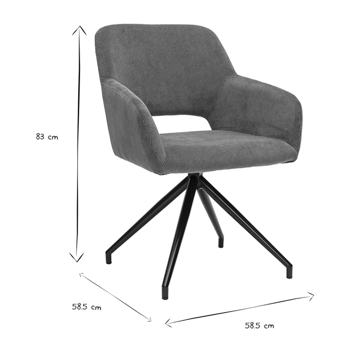Chaise pivotante 360° en tissu velours côtelé vert kaki et métal noir LAURETTE
