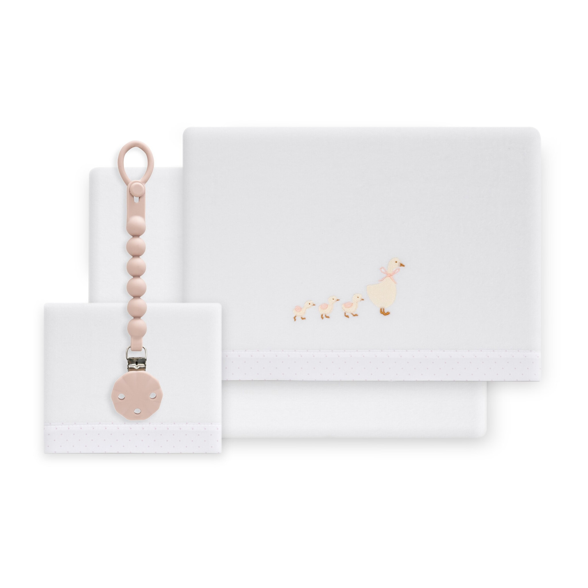 Triptico Cuna Coralina Modelo Patitos + Broche Bco/Rosa