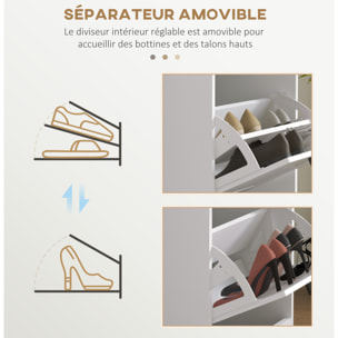 Meuble à chaussures 3 portes abattants 3 étagères poignées métal noir MDF blanc