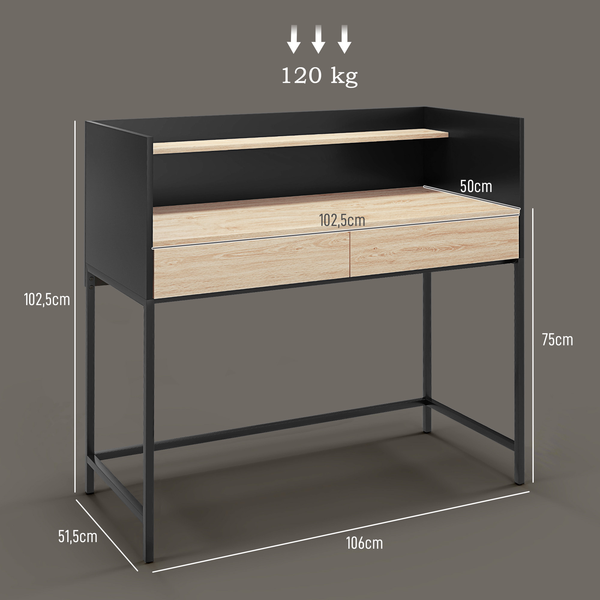 Bureau secrétaire style industriel - 2 tiroirs, étagère - métal noir aspect chêne clair