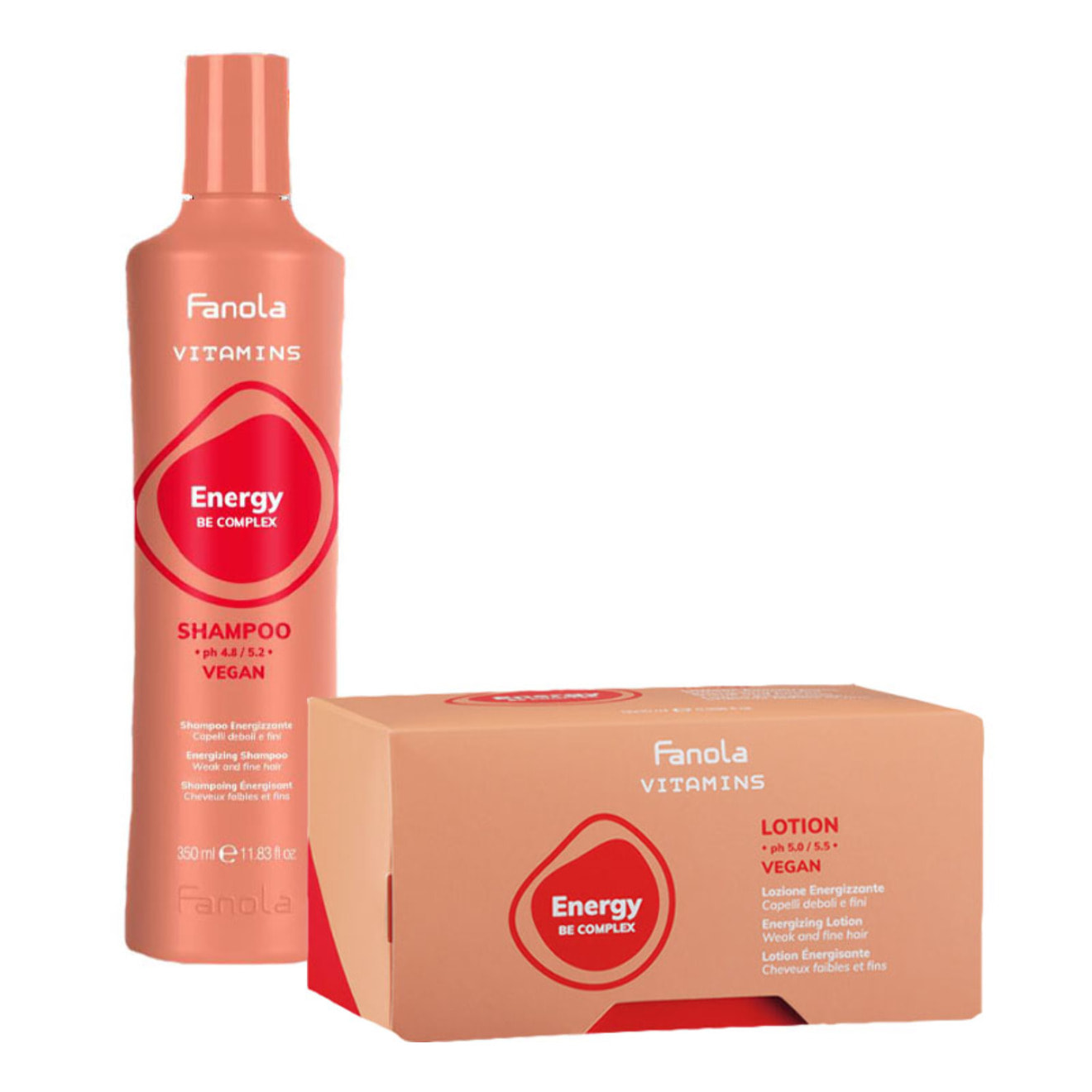 FANOLA Kit Vitamins Energy Vegan Shampoo 350ml + Lotion 12x10ml