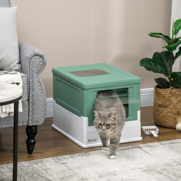 PawHut Caja de Arena Plegable para Gatos Arenero Cerrado para Gatos con Cubierta Desmontable Bandeja Extraíble Techo Abatible Puerta de Entrada y Pala 47,5x35,5x36,7 cm Verde