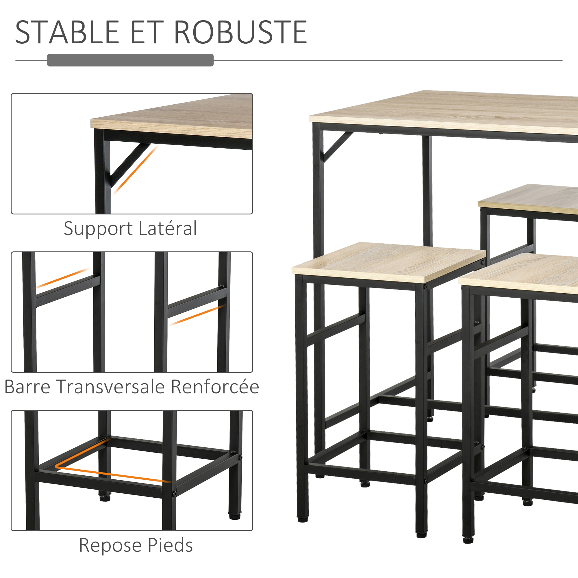 Ensemble table de bar design industriel + 4 tabourets repose-pieds panneaux particules imitation chêne clair métal noir
