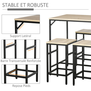 Ensemble table de bar design industriel + 4 tabourets repose-pieds panneaux particules imitation chêne clair métal noir