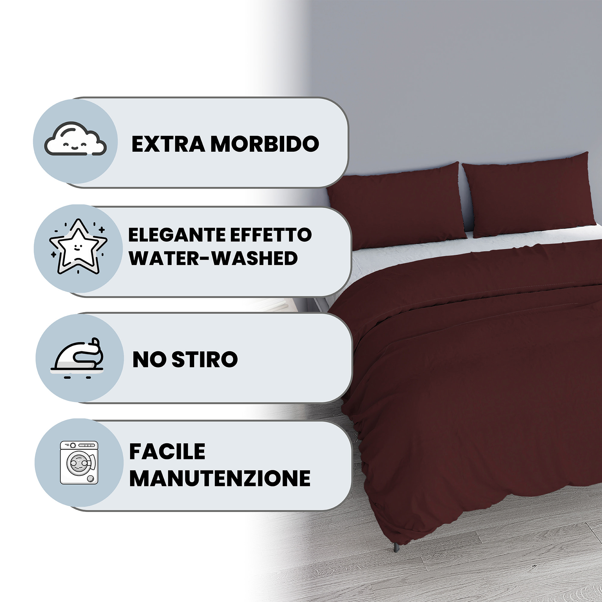 PARURE COPRIPIUMINO WATER WASHED, 100% Microfibra, No Stiro - BORDEAUX