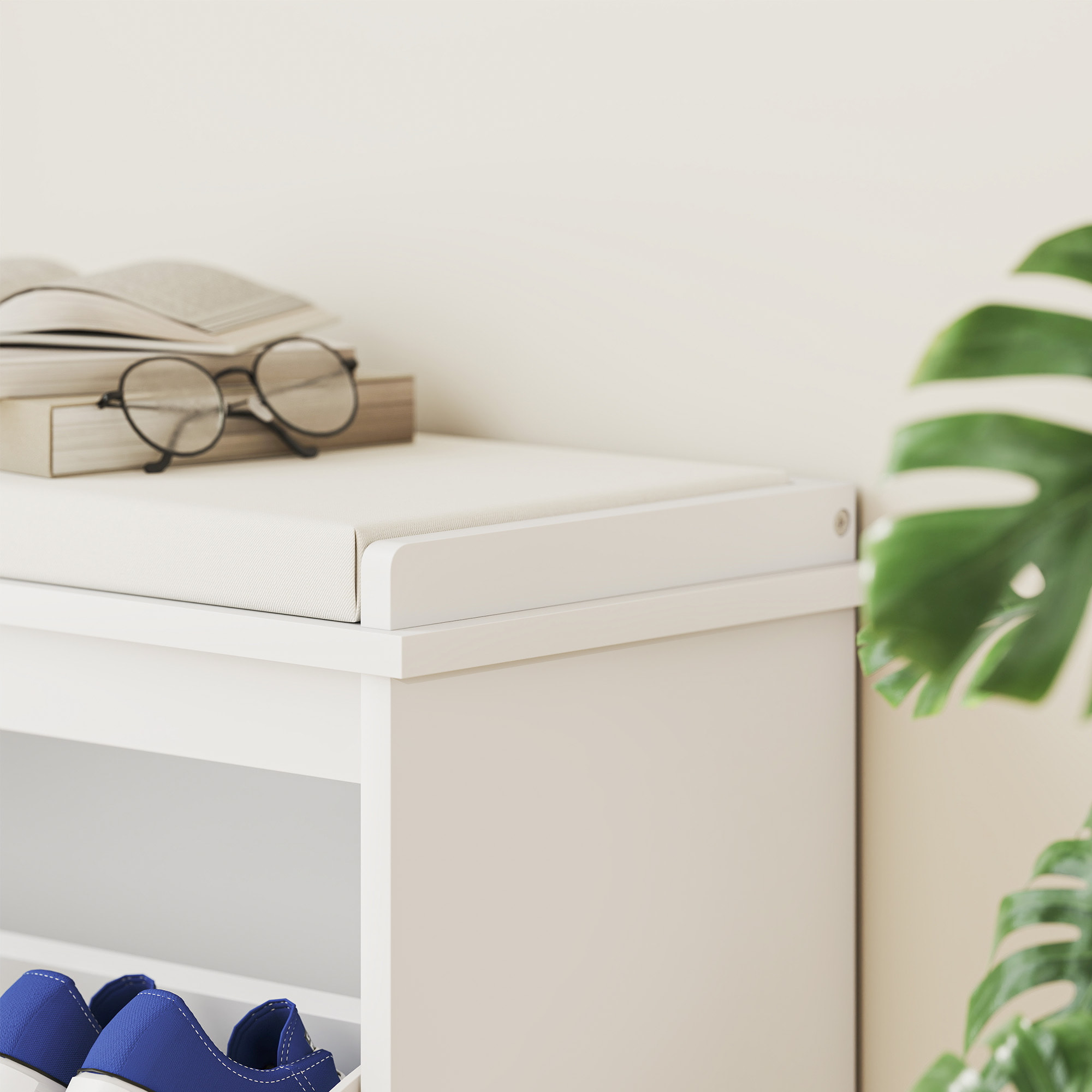 Banc à chaussures style bohème porte façade rotin poignée dorée coussin intégré blanc