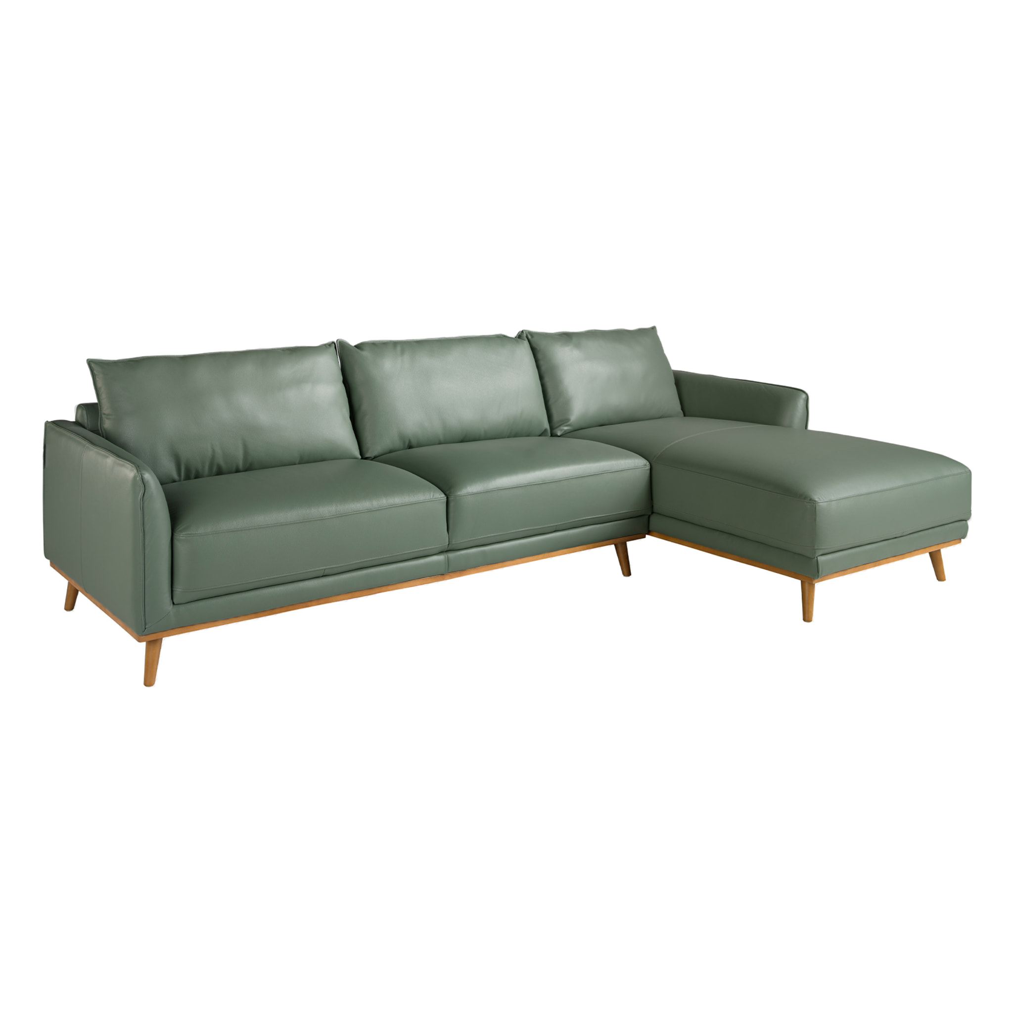Sofá chaise longue derecha de 5 plazas tapizado en piel de origen vacuno en verde patas de madera en miel 295x160x90cm