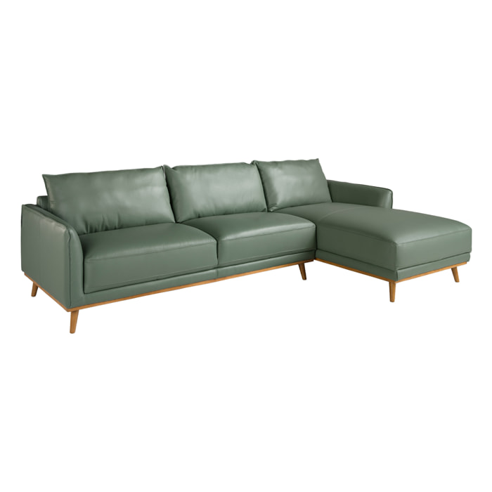 Sofá chaise longue derecha de 5 plazas tapizado en piel de origen vacuno en verde patas de madera en miel 295x160x90cm