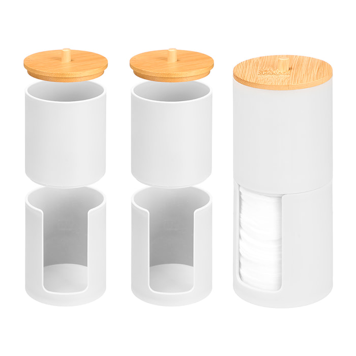 Confezione da 3 barattoli doppi bianchi in plastica con coperchio in bambù. 7x18 cm