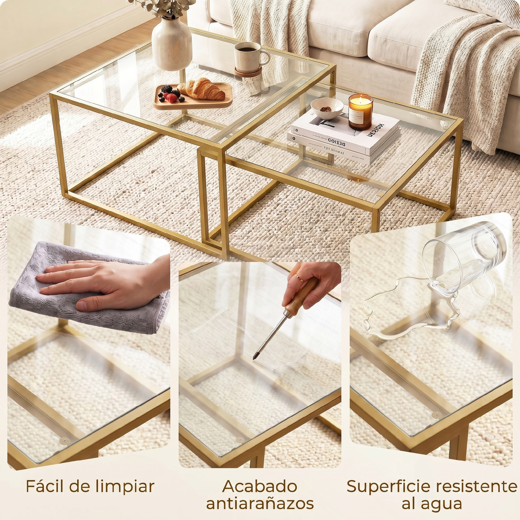 Set de 2 Mesas de Centro Cuadradas, Mesas Nido Modernas con Tablero de Vidrio Templado y Estructura Metálica, Ahorra Espacio, para Salón, Dormitorio u Oficina, 75x75x42 cm, Dorado