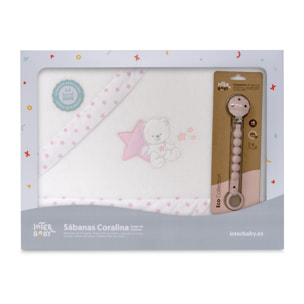 Triptico Cuna Coralina Modelo Osito Sentado + Broche Bco/Rosa
