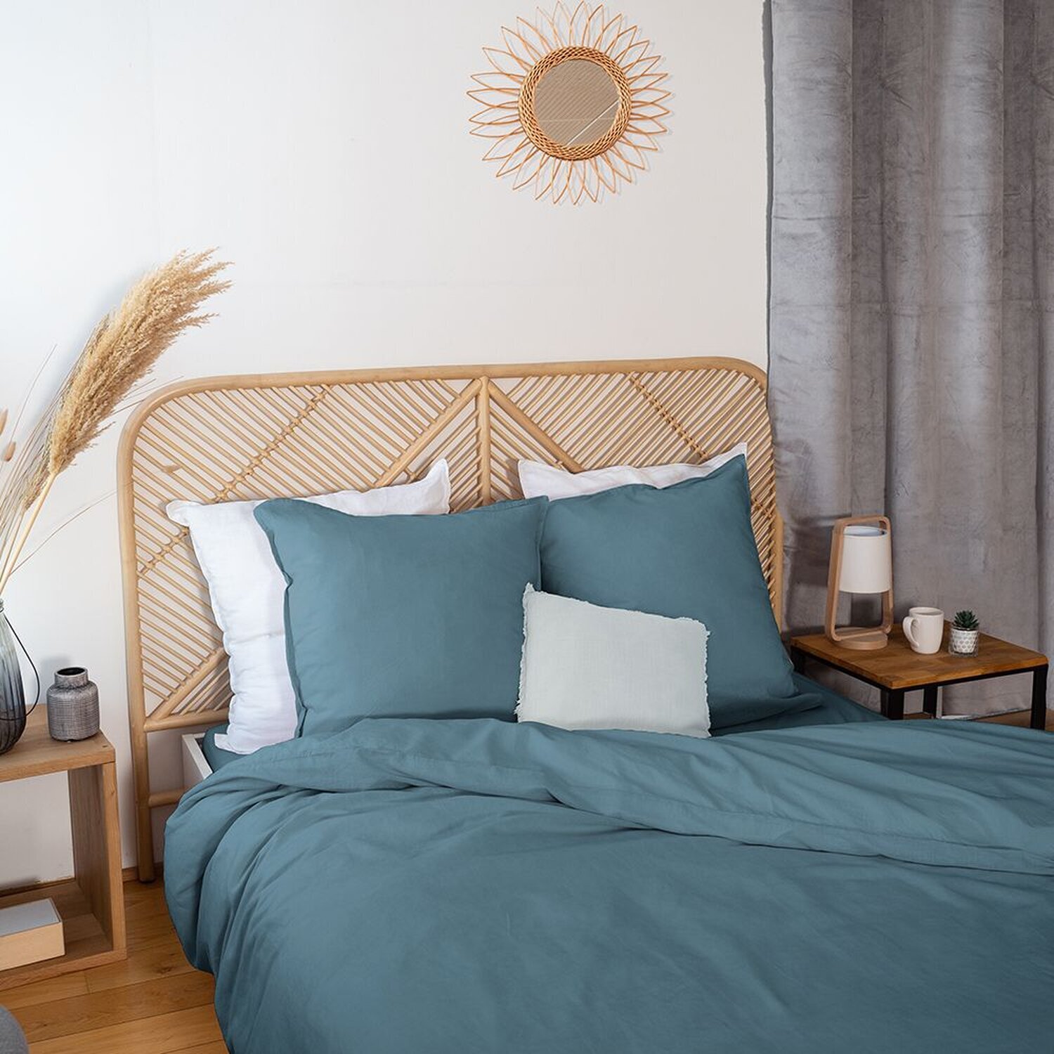 Parure housse de couette unie en coton lavé et lin - lynn - bleu marine