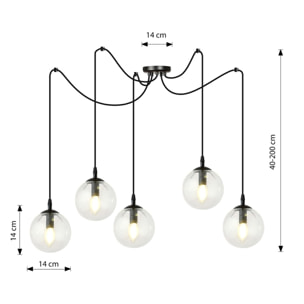 Lampada a sospensione Gigi 5 luci in acciaio nero e vetro trasparente