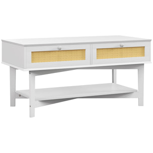 Mesa de Centro Blanca Mesa Baja con 2 Cajones Decorativos de Ratán y Estante de Almacenamiento para Sala de Estar Carga 50 kg 100x50x50 cm