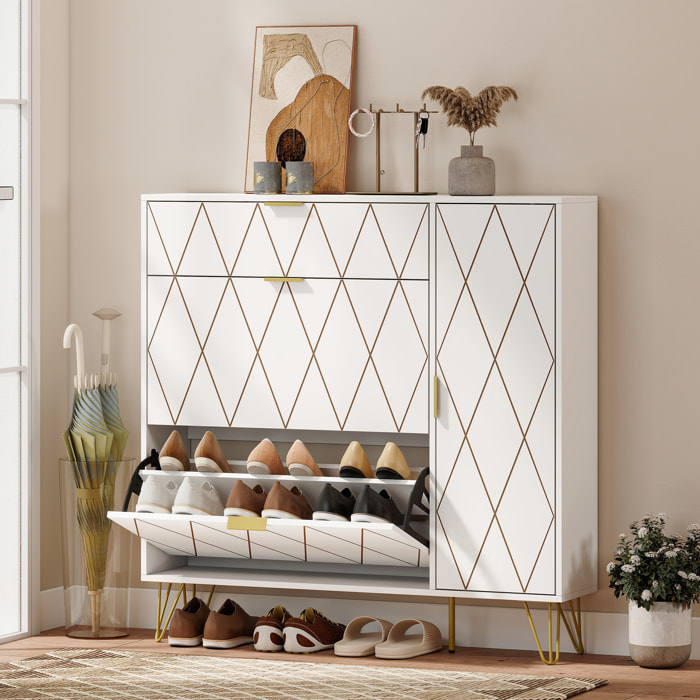 Zapatero Estrecho con 2 Cajones Abatibles, Mueble Zapatero Moderno con Armario y Estantes Ajustables, 10-14 Pares de Zapatos, para Pasillo, Entrada, 110x25x110,6 cm, Blanco