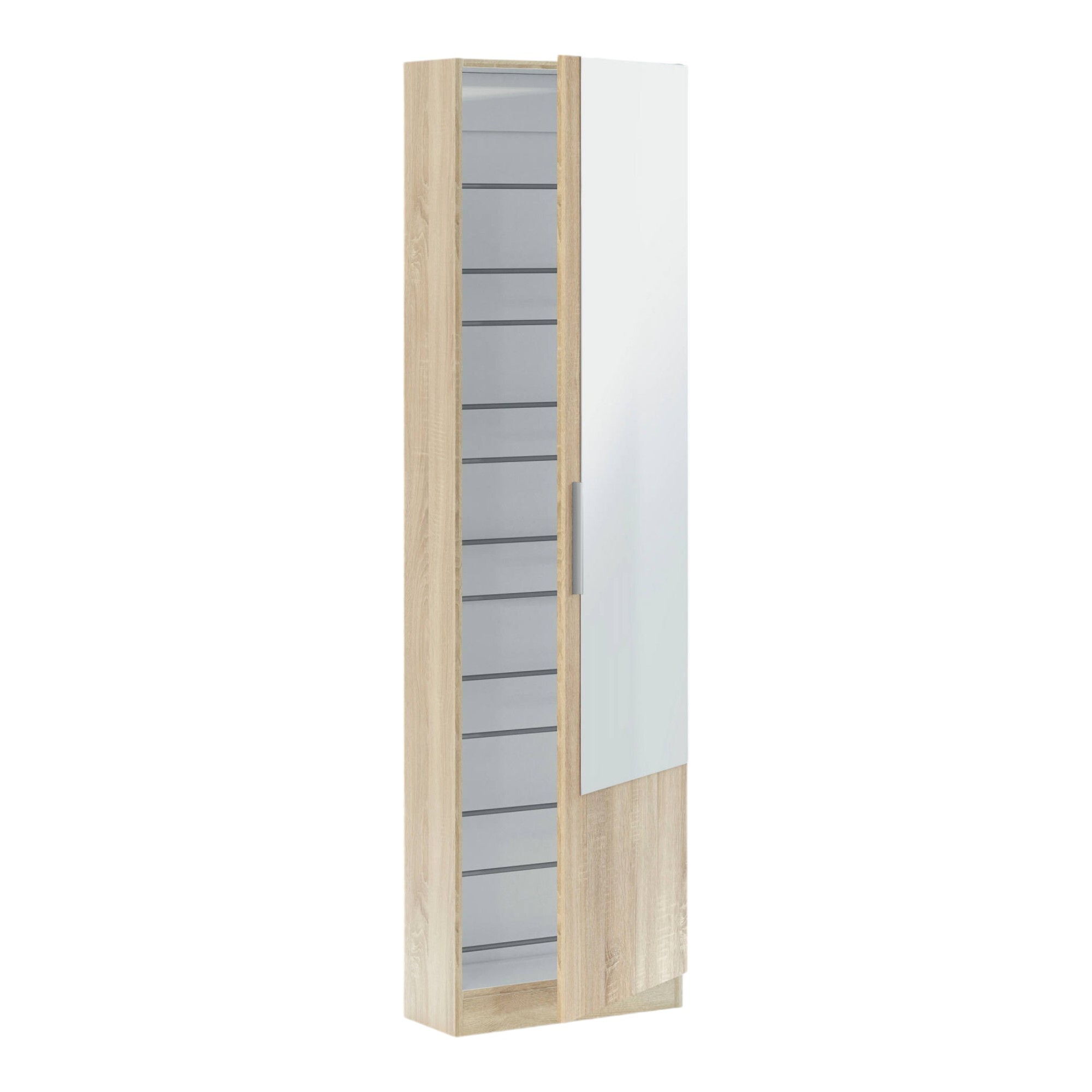 Scarpiera Euro, Armadio portascarpe alta a 1 anta, Mobile portascarpe moderno, Armadio da ingresso con specchio, 50x22h180 cm, Rovere