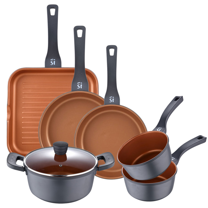 Batería de cocina san ignacio bronze 6pzs - cacerola 24cm con tapa+2x cazo 16cm+sartenes ø20ø24cm+grill 28cm - aluminio fundido apto inducción