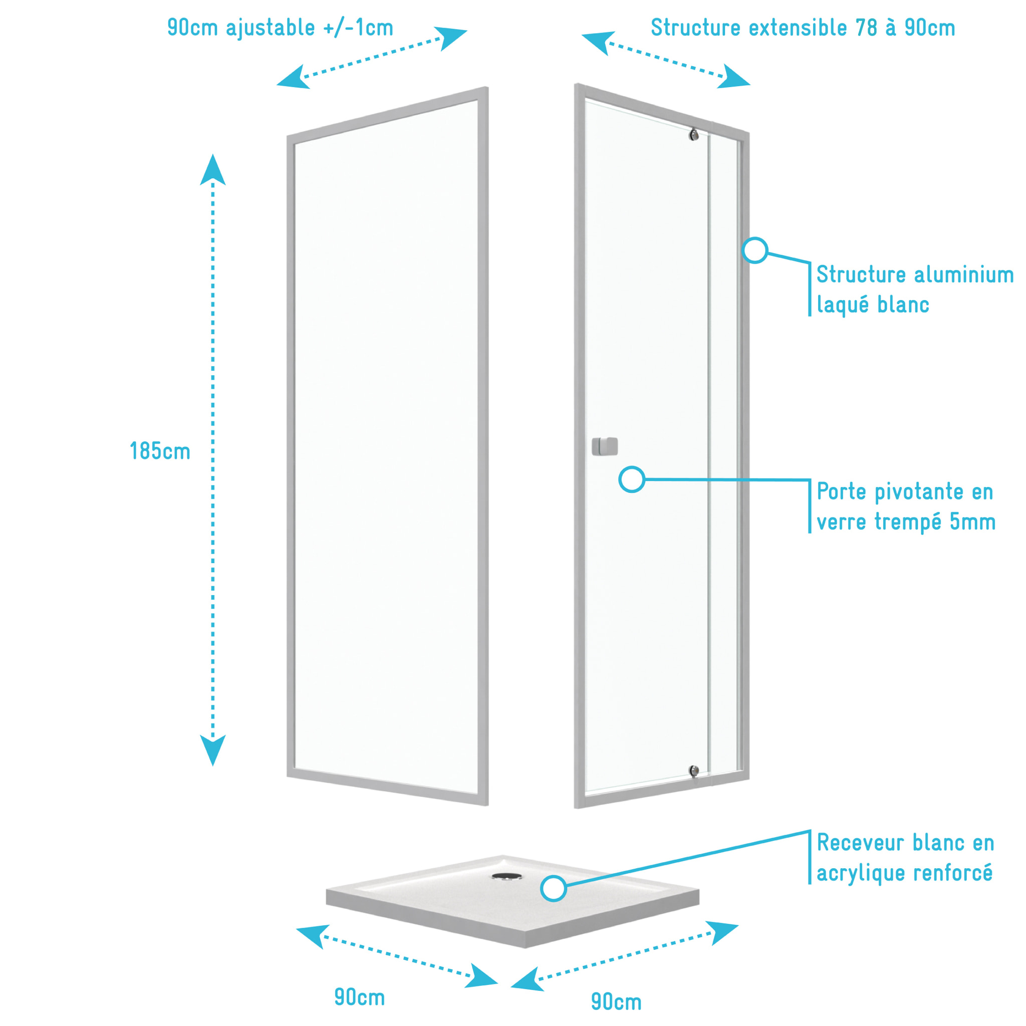 Porte de douche pivotante extensible 78 à 90cm + paroi de retour 90 + receveur 90x90 - WHITY PIVOT