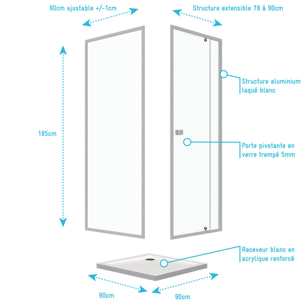 Porte de douche pivotante extensible 78 à 90cm + paroi de retour 90 + receveur 90x90 - WHITY PIVOT