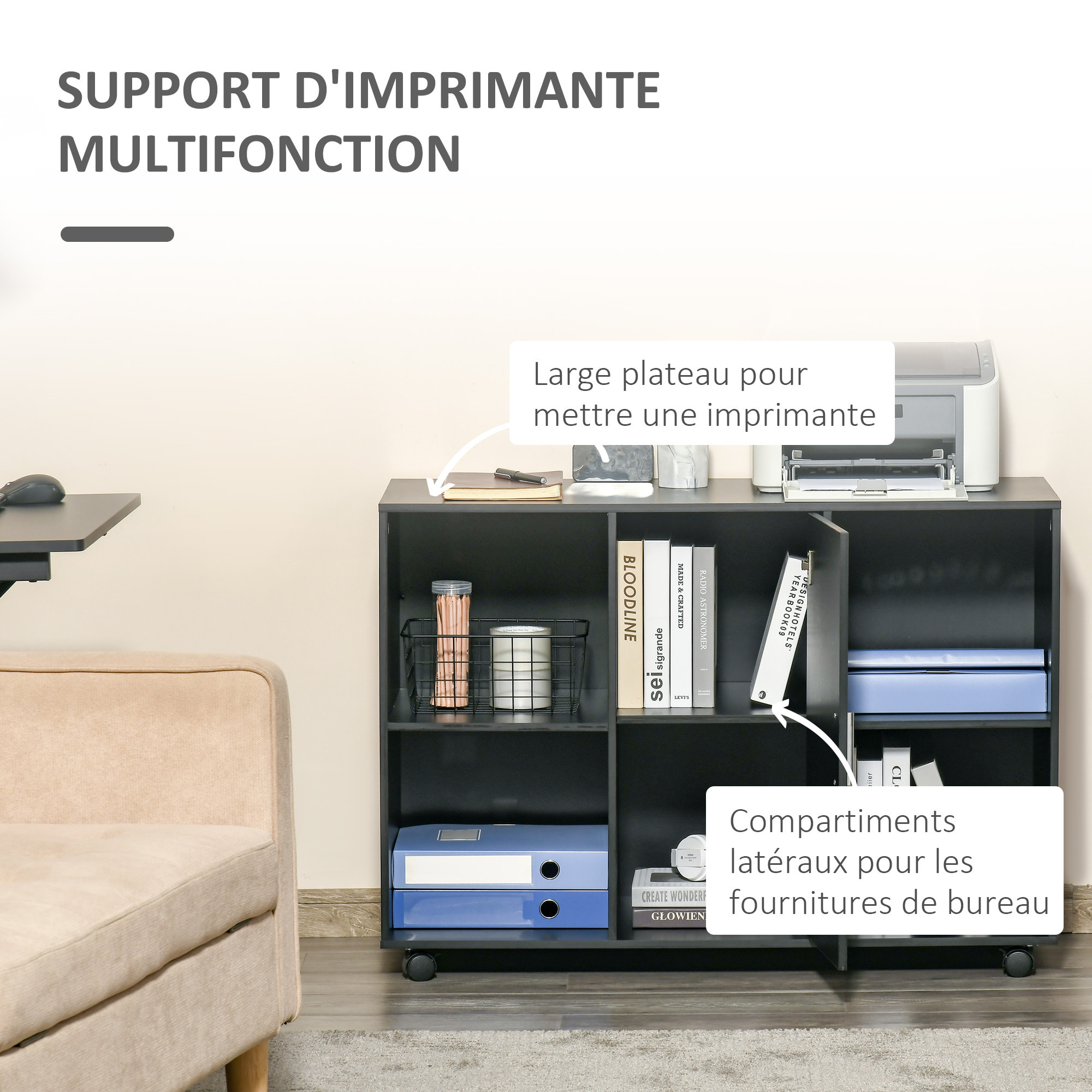 Vinsetto Support d'imprimante - caisson organiseur bureau - 4 niches, placard porte, grand plateau - panneaux particules noir