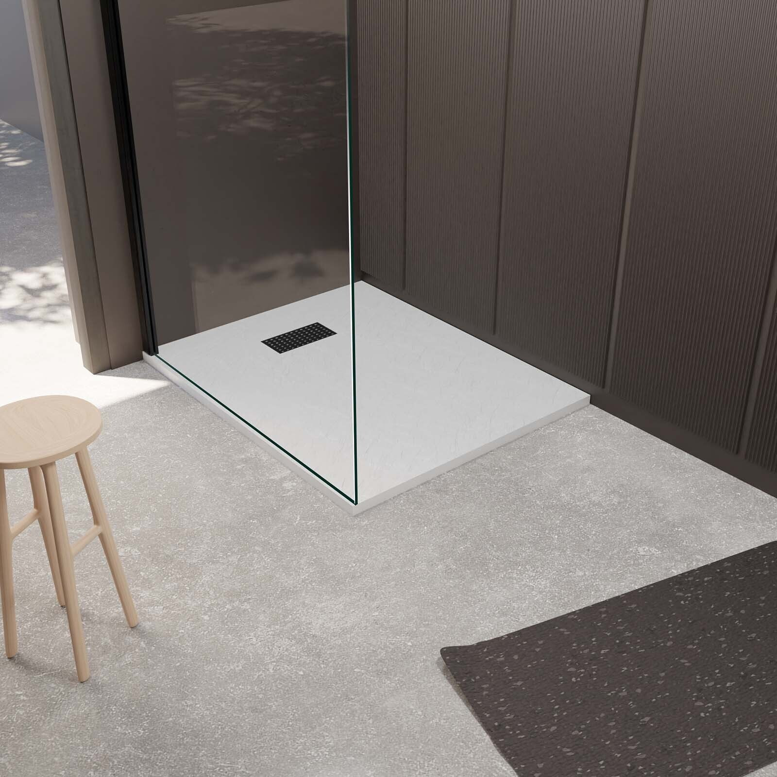 Receveur de douche Blanc Effet Pierre 80x100 cm et Grille décor Perforée Noire Mate