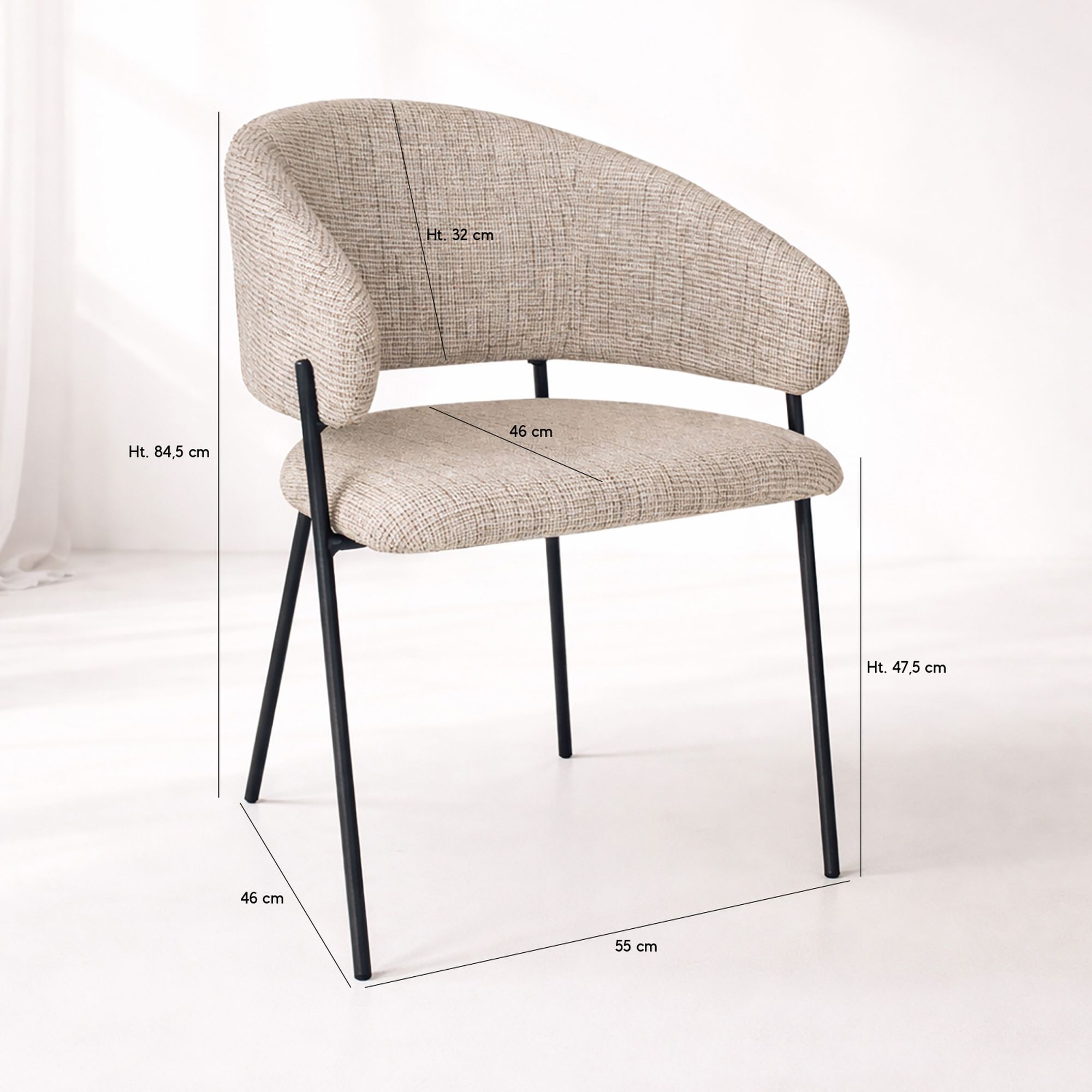 Lot de 2 fauteuils de table en tissu taupe et pieds en métal noir EROS