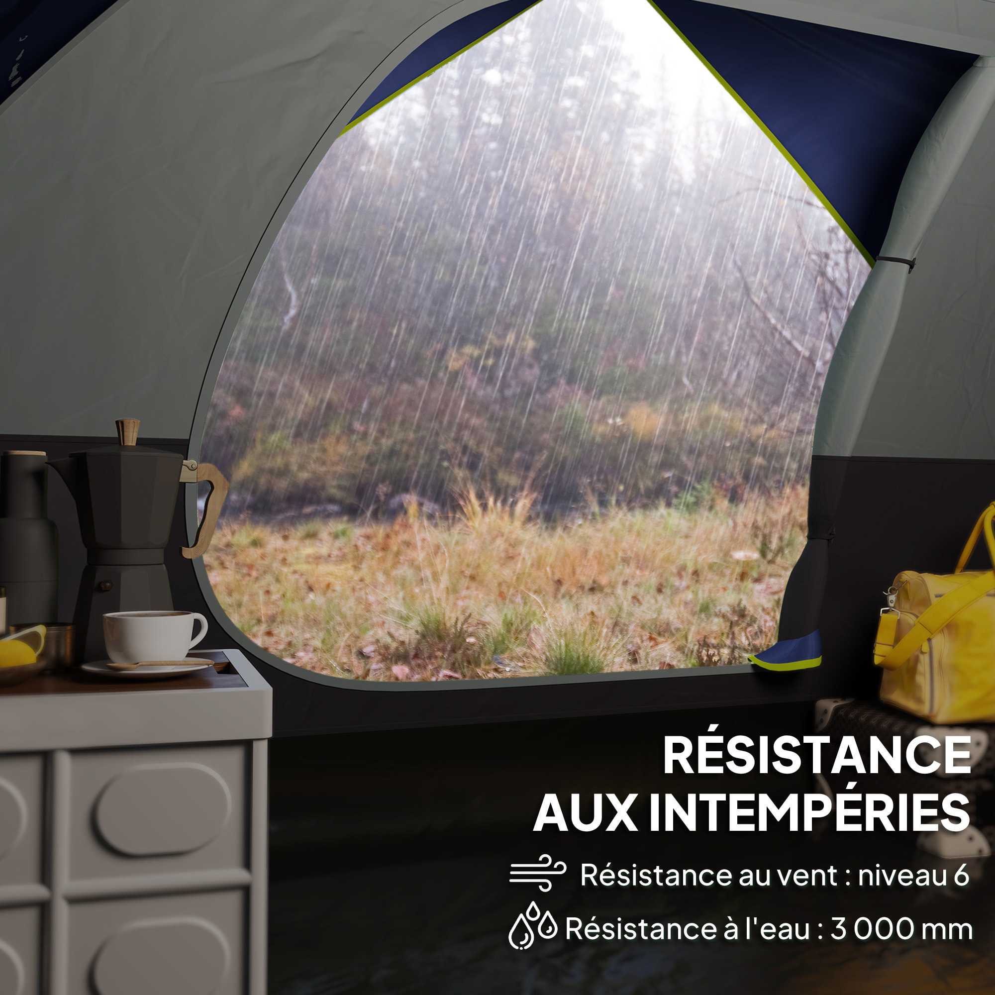 Tente de camping 2-4 personnes - fenêtre, 2 poches, port d'alimentation, sac de transport - bleu foncé