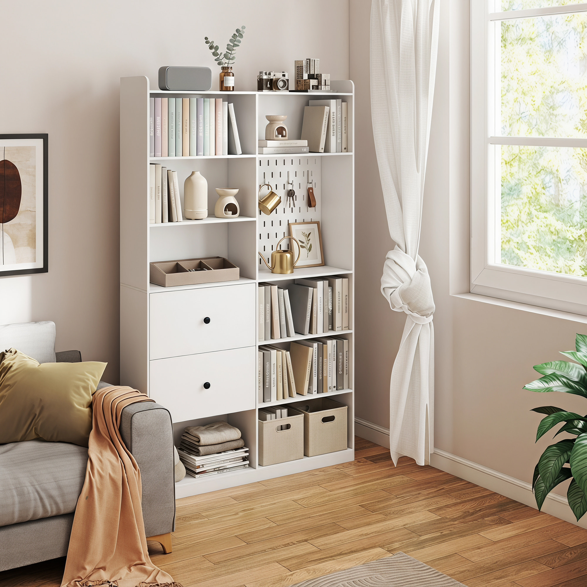 Estantería para Libros Alta y Estrecha, Librería de 6 Niveles con Panel Perforado, 2 Cajones, 8 Compartimentos Abiertos, Armario para Salón, Estudio, Oficina, 120x30x200 cm, Blanco