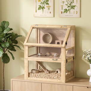 Cage rongeur hamster en bois dim.60x40x75cm 3 niveaux rampes roue bascule cabane naturel