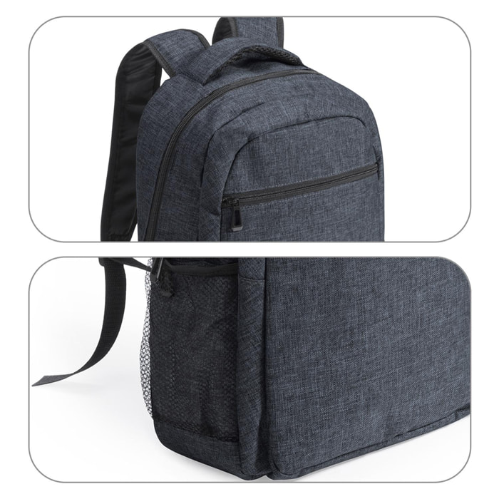 Mochila Verbel en acabado denim 600D. Compartimento interior acolchado para portátil.