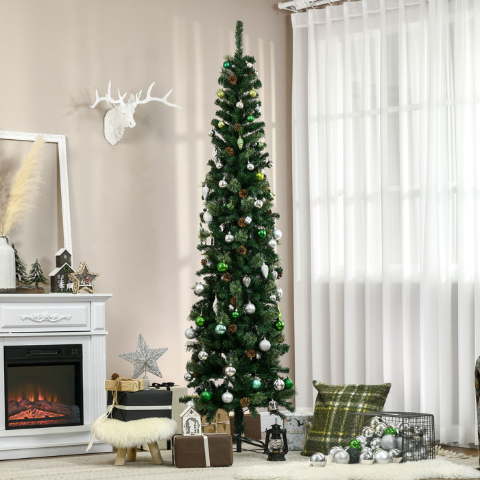 Árbol de Navidad Artificial 225 cm Árbol de Navideño de 706 Ramas Árbol de Navidad Estrecho Forma de Lápiz con 56 Piñas Base Plegable cm Verde