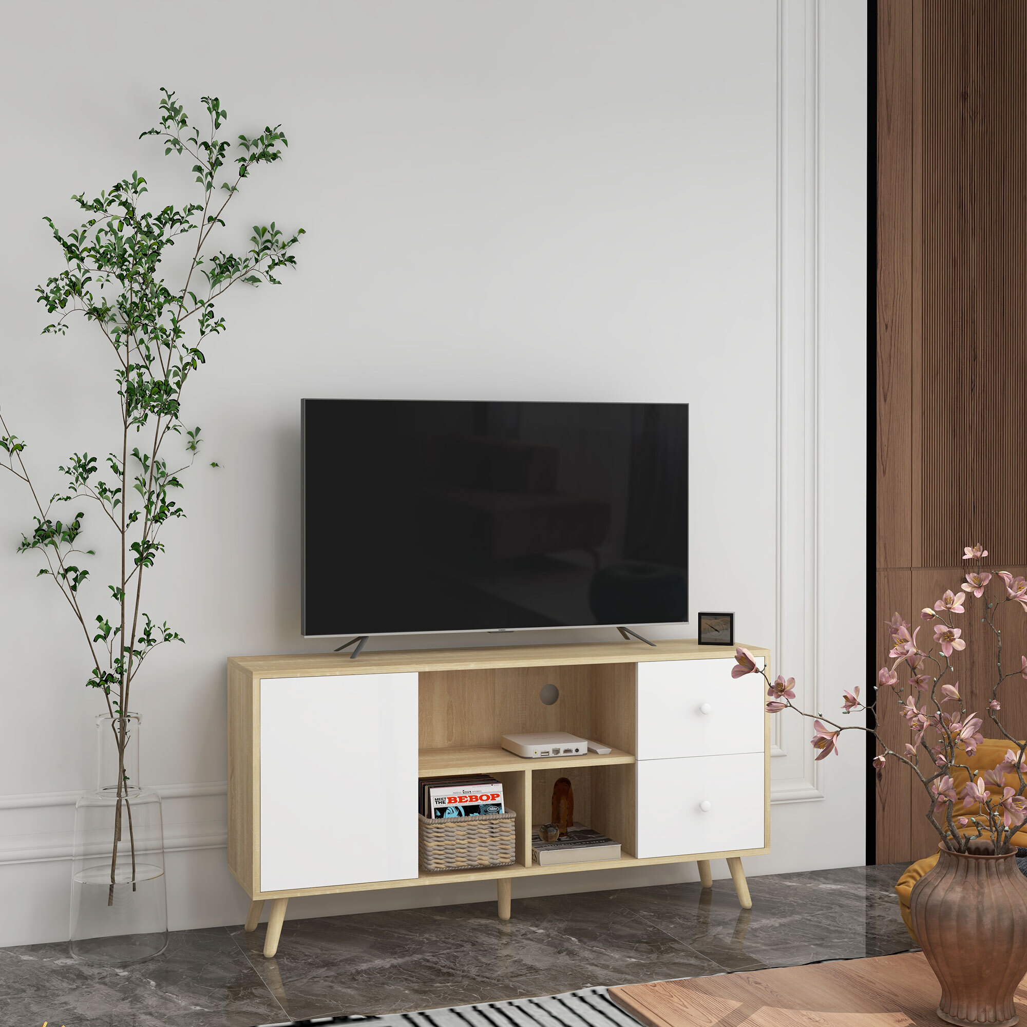 Meuble TV scandinave porte 3 niches 2 tiroirs piètement bois de pin aspect chêne clair blanc