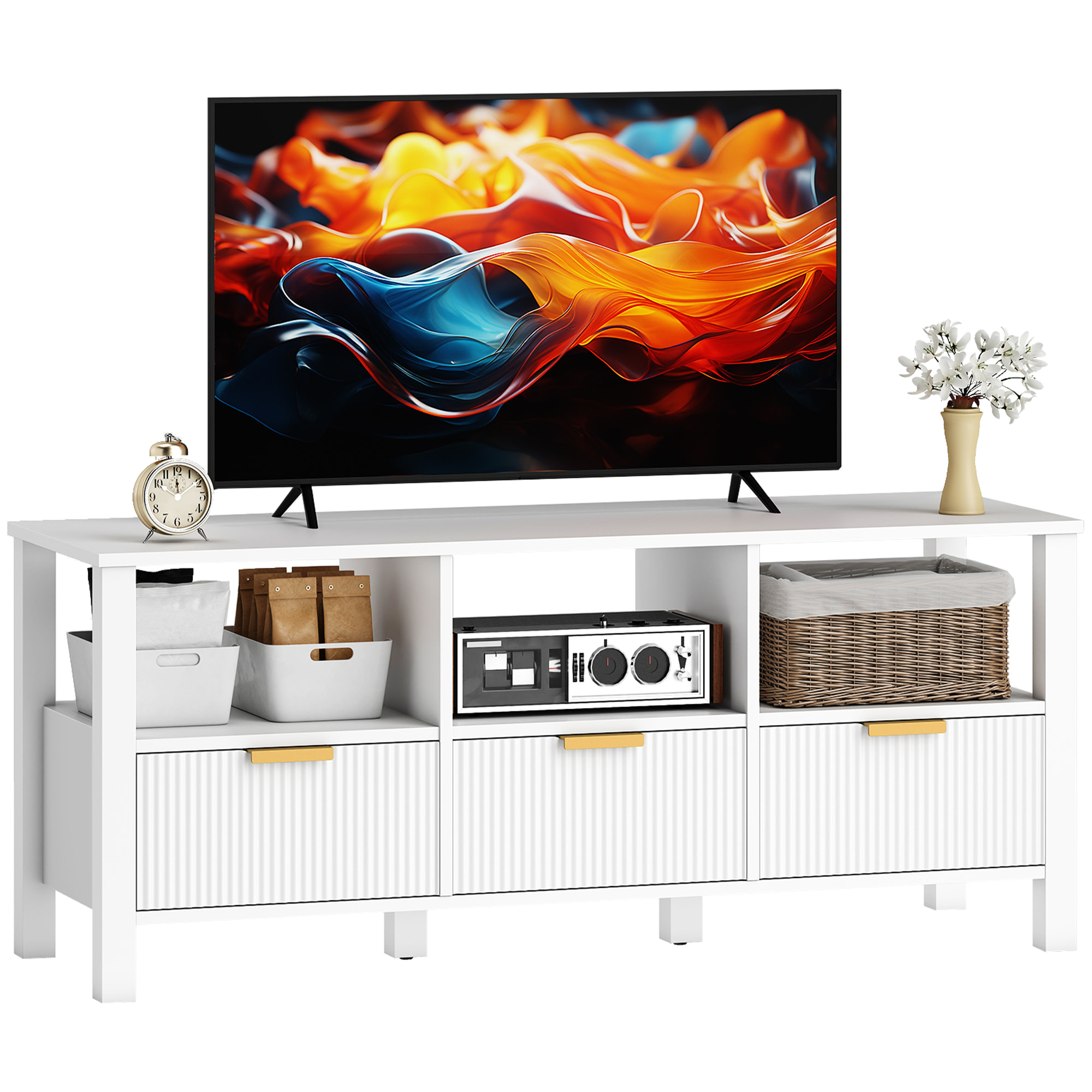Mueble de TV Moderno, Mesa TV para Salón con 3 Cajones y 3 Estantes Abiertos, para Televisión 43-55 Pulgadas, 120x39,5x50 cm, Blanco