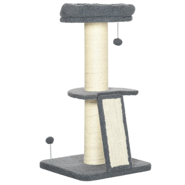 Arbre à chat 3 griffoirs grattoirs sisal naturel plateforme panier 2 boules suspendues peluche haute densité 220 g/m² gris