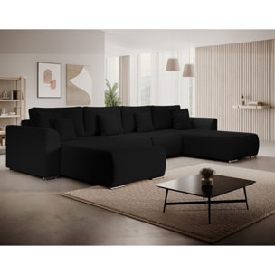 Gabriel - Canapé panoramique en U 7 places convertible avec coffre en tissu texturé - Noir