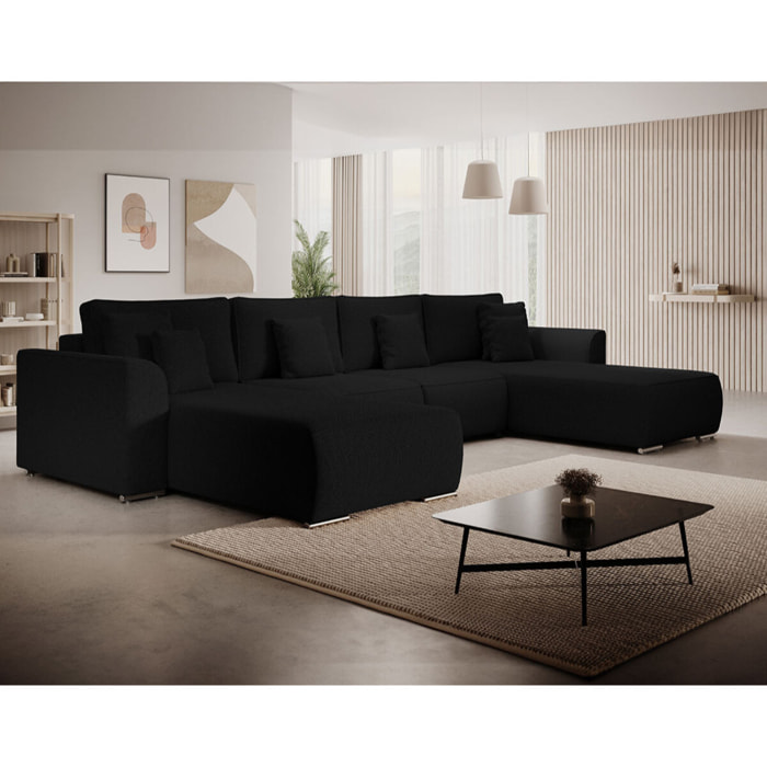 Gabriel - Canapé panoramique en U 7 places convertible avec coffre en tissu texturé - Noir