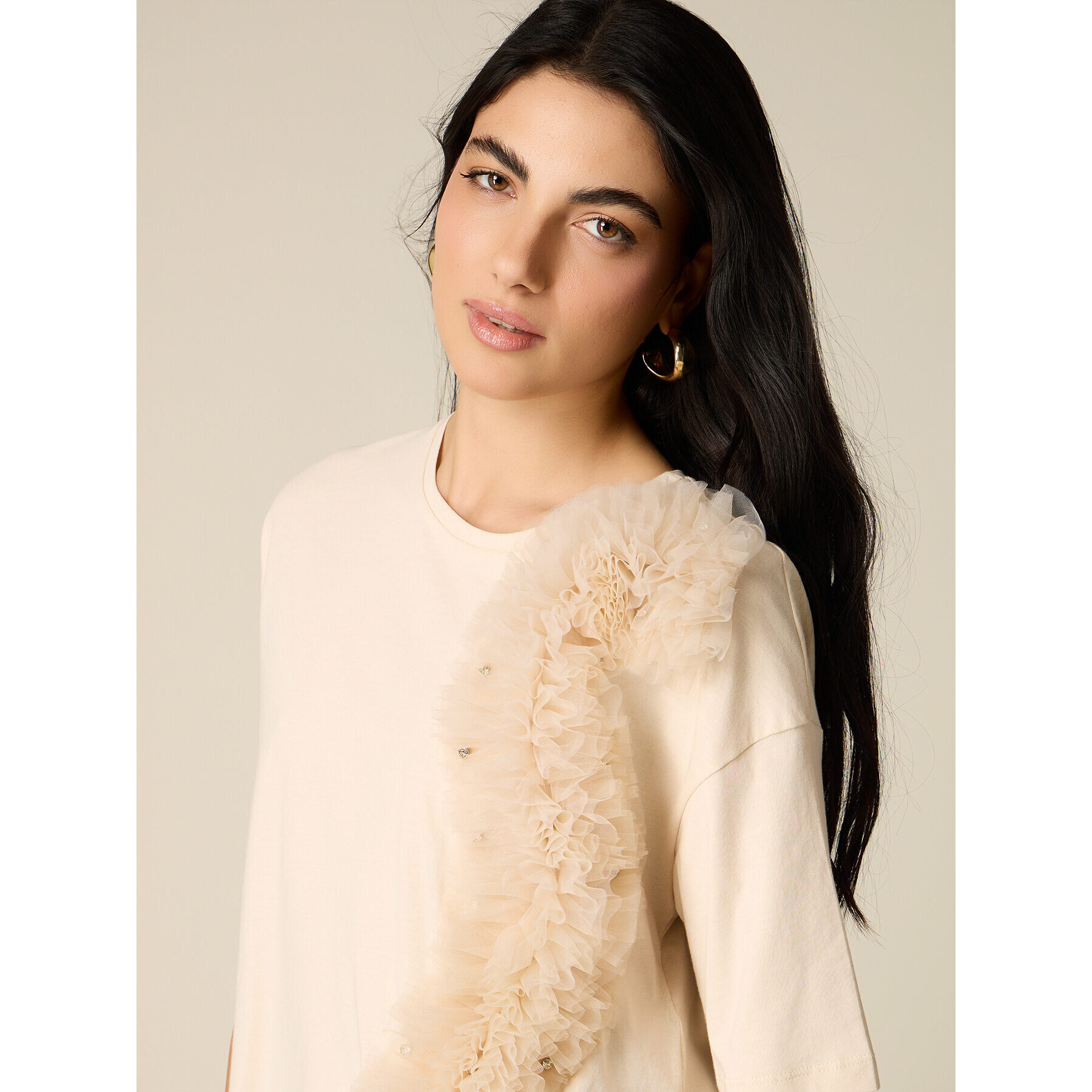 Oltre - Camiseta con aplicación de tul - Beige