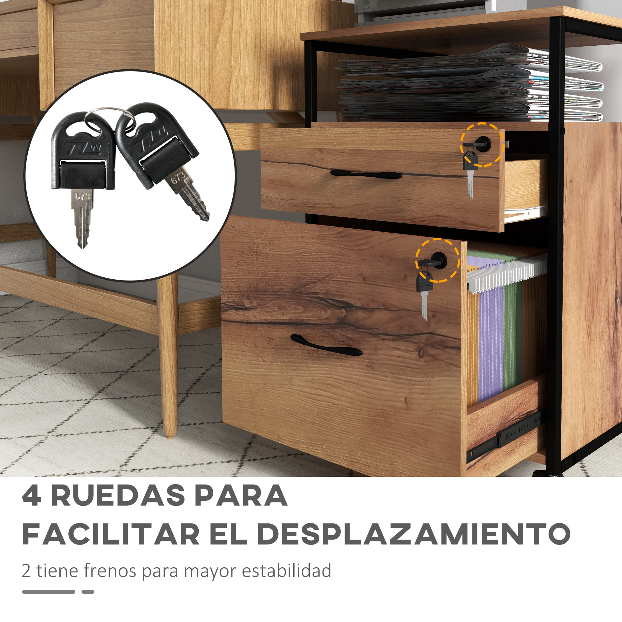 Vinsetto Cajonera de Oficina con Cerradura Armario Archivador Móvil con Ruedas 2 Cajones Barra Colgante para Tamaño Carta A4 y 2 Llaves 44x40x66,5 cm Marrón Rústico