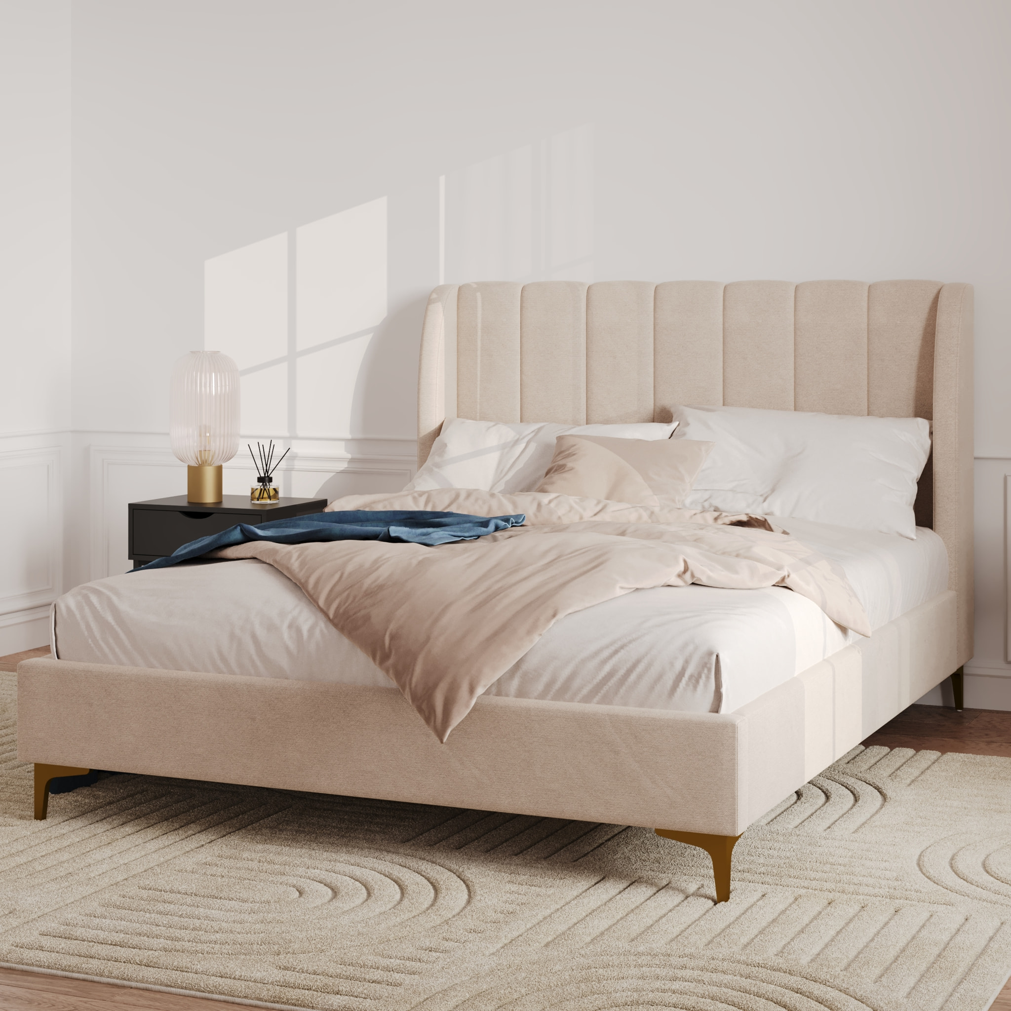 Lit double 140x190 cm en tissu beige et pieds doré - Koda