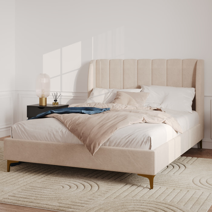 Lit double 140x190 cm en tissu beige et pieds doré - Koda