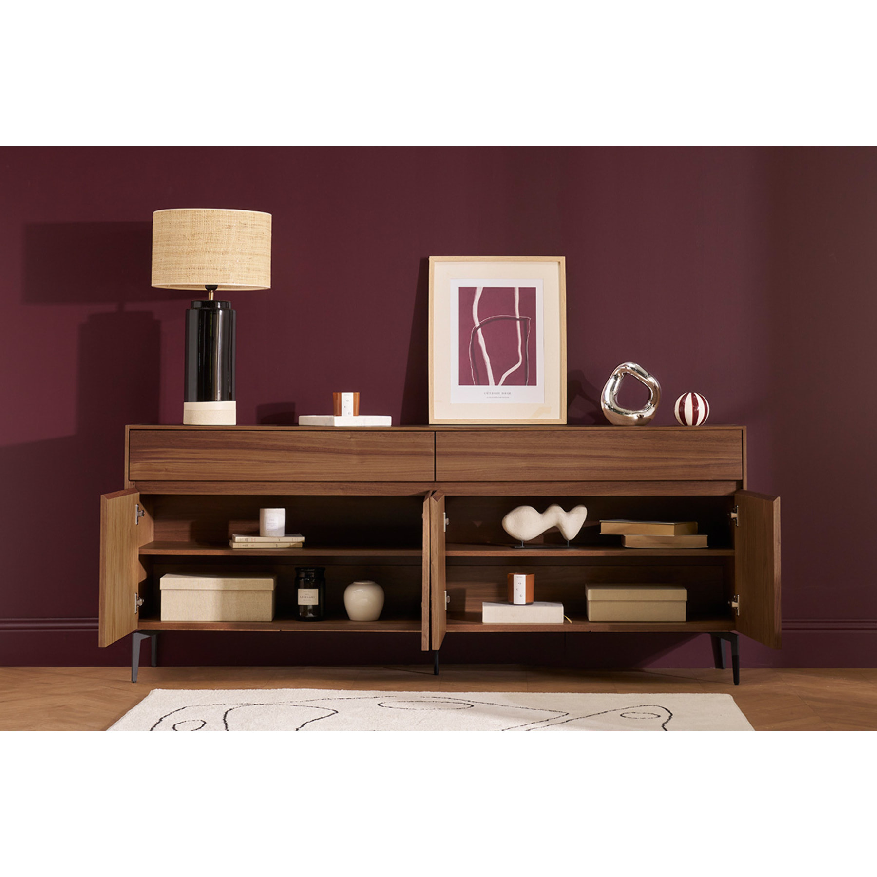 Buffet design en bois foncé noyer et métal noir 4 portes 2 tiroirs L180 cm BLISS