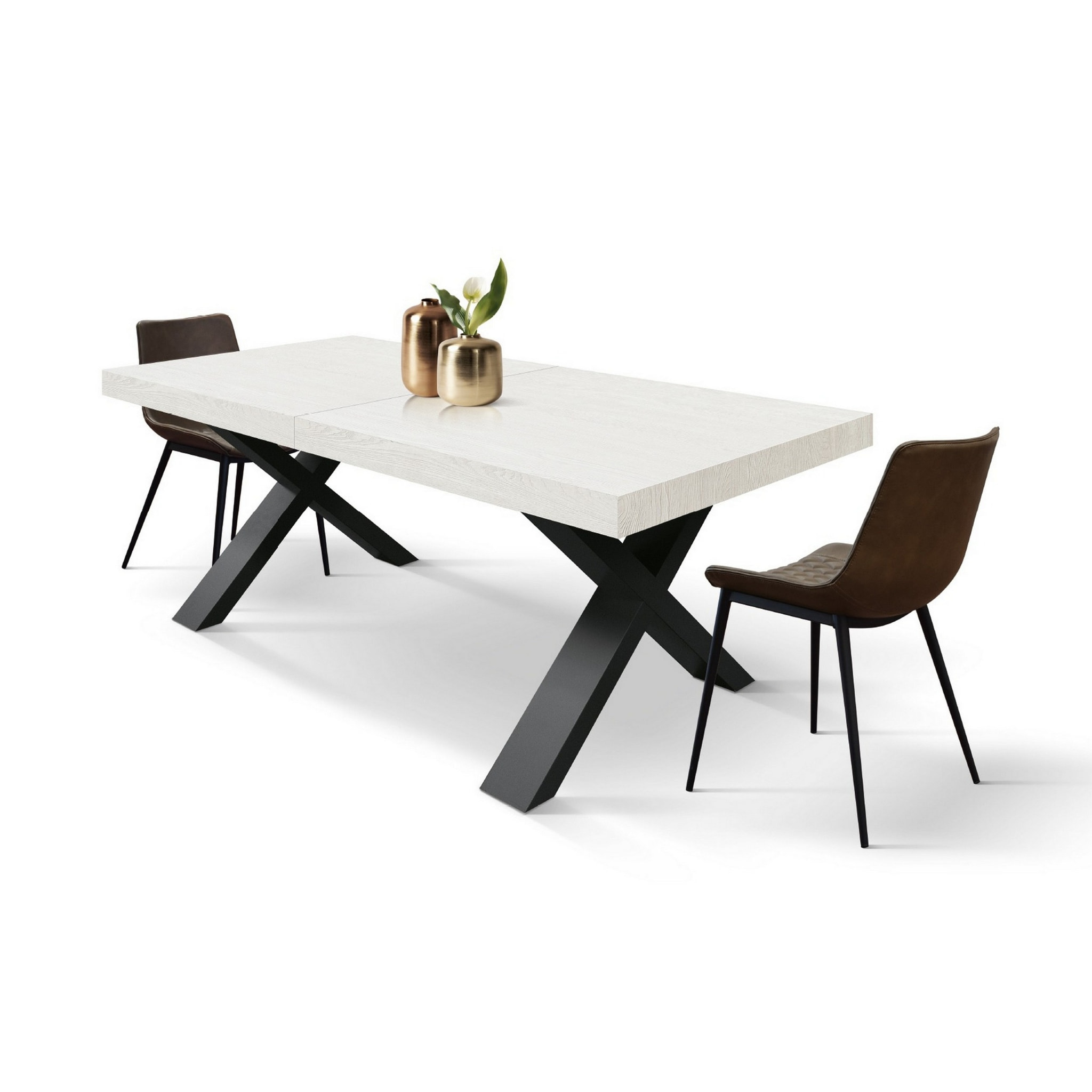 Tavolo allungabile AMALFI in legno effetto bianco frassinato e gambe a X antracite, allungabile 160x90 cm - 240x90 cm