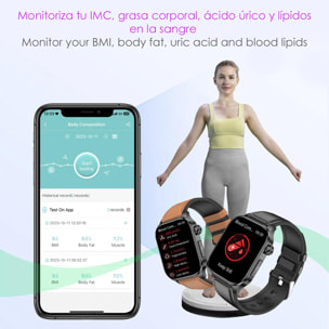 DAM Smartwatch ET580. ECG con banda para pecho, glucosa en sangre, ácido úrico y lípidos, IMC grasa corporal, temperatura, O2 y tensión. 5,3x1,1x4 Cm. Color: Negro