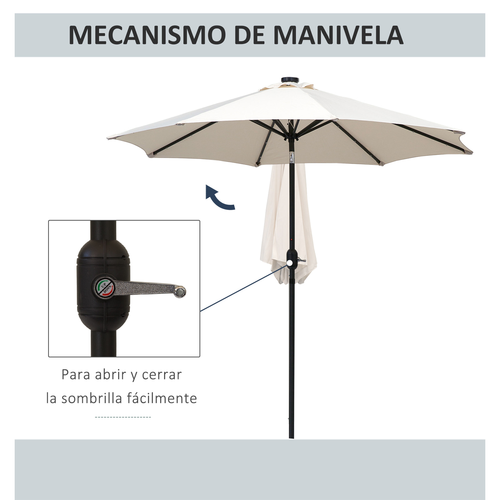Sombrilla de Jardín Ø268x238 cm Parasol de Terraza con 24 Luces LED Solar Mecanismo de Inclinación Manivela y Poste Desmontable de Metal para Piscina Patio Crema