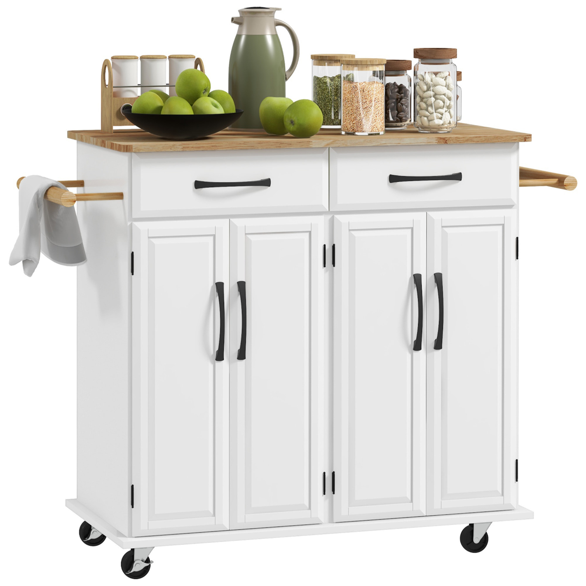 Isla de Cocina Carrito de Cocina Mueble Auxiliar de Comedor con Ruedas 4 Puertas 2 Cajones Toalleros y Estantes Ajustables 111x44,5x90,5 cm Blanco y Roble