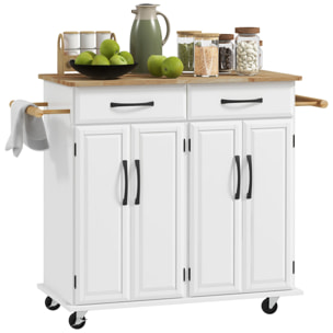Isla de Cocina Carrito de Cocina Mueble Auxiliar de Comedor con Ruedas 4 Puertas 2 Cajones Toalleros y Estantes Ajustables 111x44,5x90,5 cm Blanco y Roble
